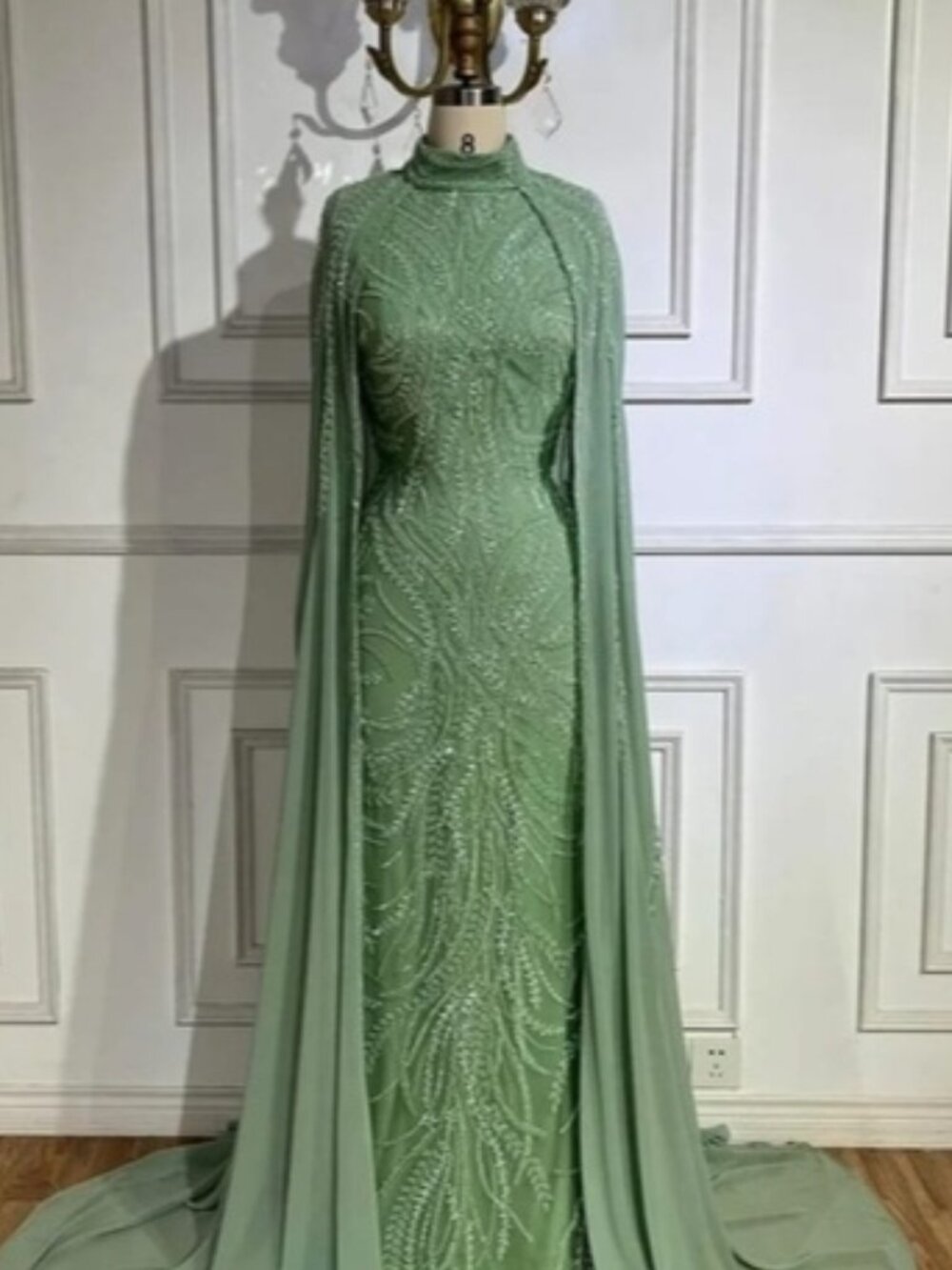 Elegant Sage Green Beaded Cape Maxi Dress.